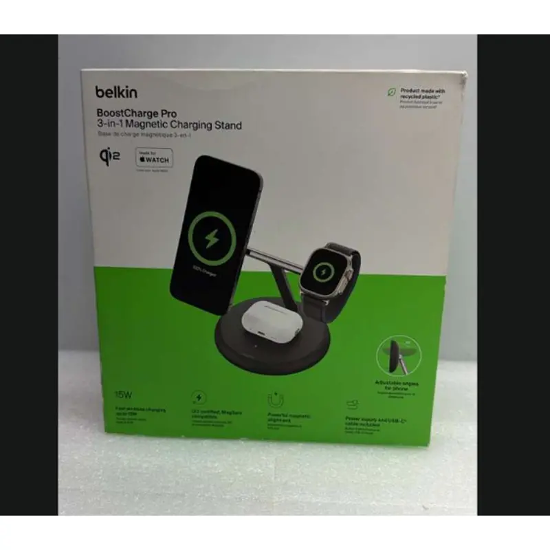 Belkin Boostcharge Pro Qi2 3-In-1 Charging Stand – Magsafe & Android Compatible, Wiz023 Model (Black) 1