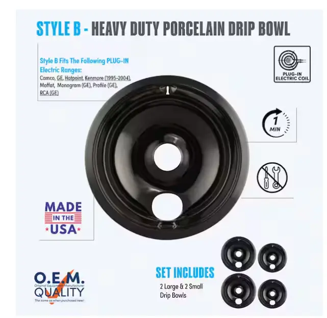 Black Porcelain Drip Bowls – 4-Pack (Two 6" And Two 8" Sizes) 1