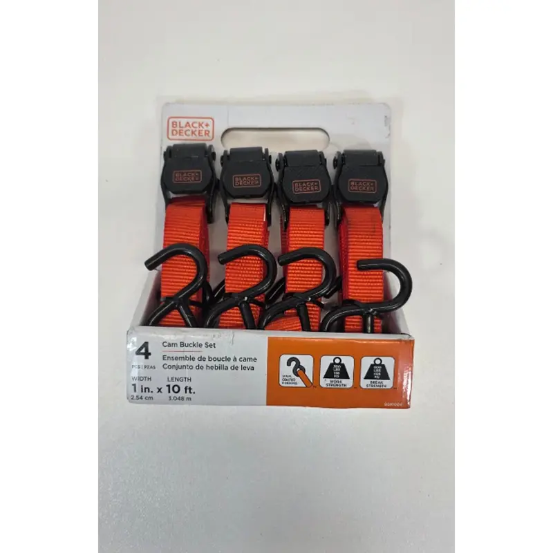 Black+Decker Bdx1004 Cam-Buckle Tie-Down Straps – Set Of 4, 1-Inch X 10-Foot, Black/Orange 1