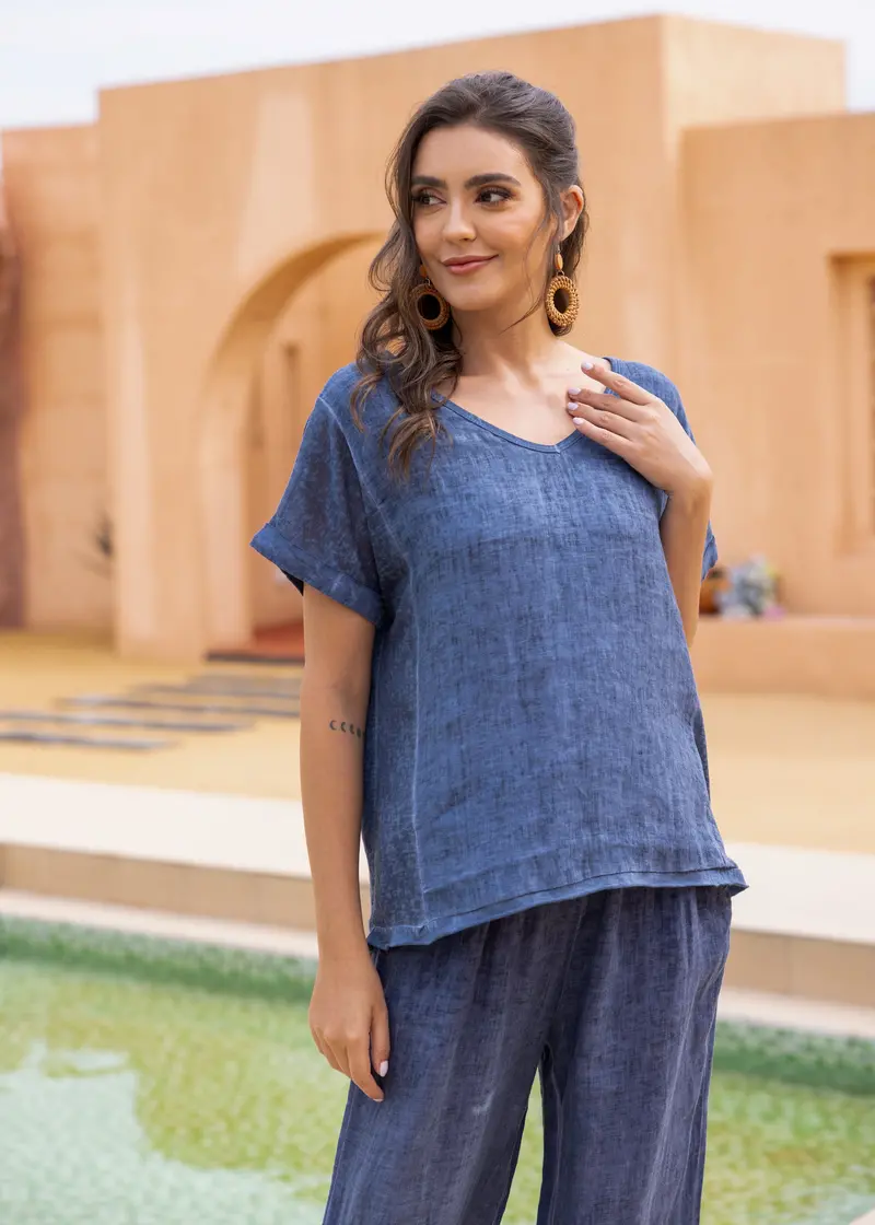 Breezy V-Neck Linen Tee – Orange Lightweight Top 1