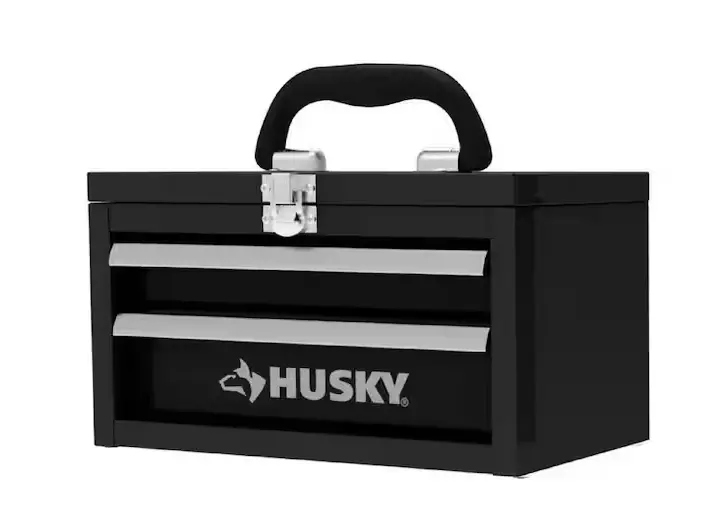 Compact 10-Inch Portable Tool Box — Black Metal, Dual-Drawer Design 1