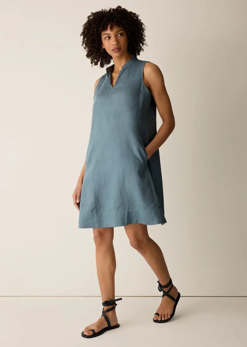 Eileen Fisher Organic Linen Split-Neck Midi Dress 1