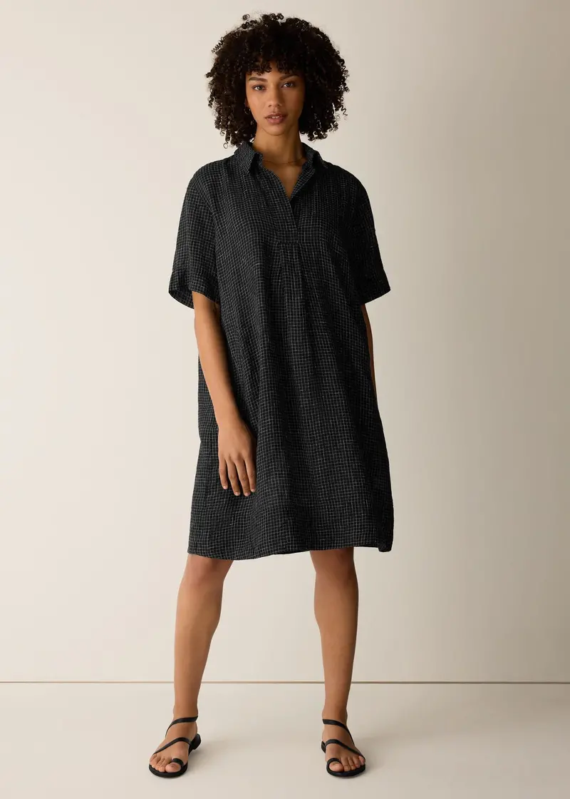 Eileen Fisher Puckered Organic Linen Grid Dress With Classic Collar 1