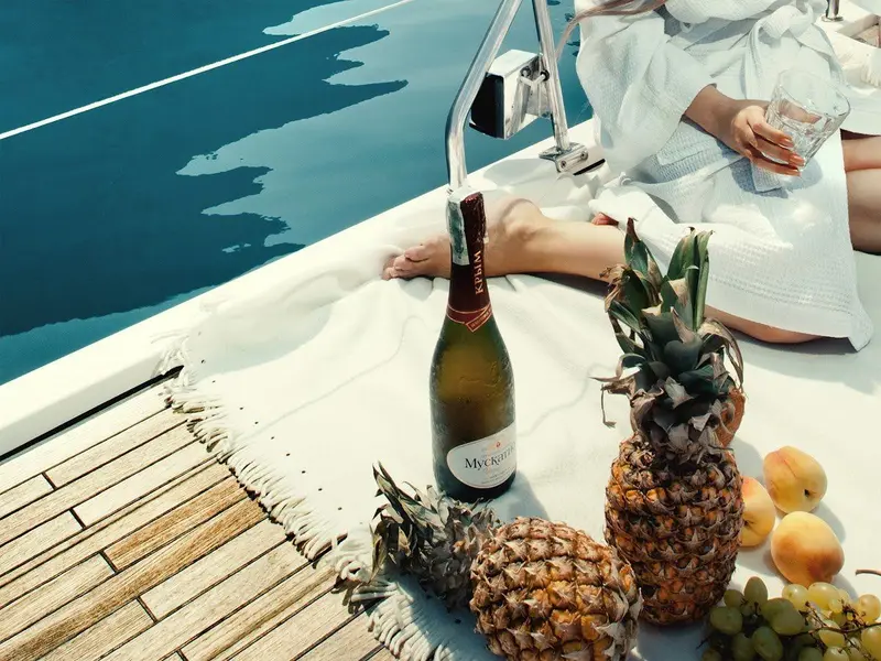 Elegant Still Life: Fresh Fruits And Champagne Celebration Art 1