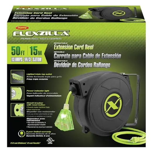 Flexzilla 50-Foot Retractable Extension Cord – 14/3 Awg Sjtow Heavy-Duty Outdoor Rated 1