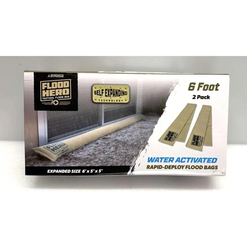 Flood Hero Water-Activated Sandbags – 6-Foot Expandable Barriers (2-Pack) For Emergency Flood Control 1