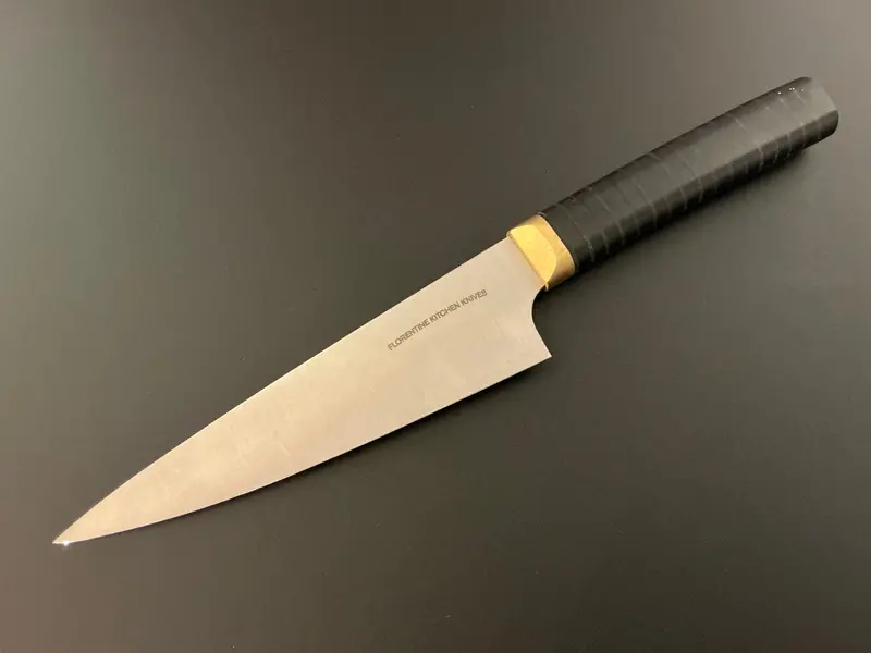 Florentine Paring Knife Featuring Black Handle And Brass Accents – Tip-Work Edition 1