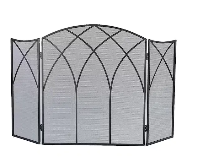 Gothic-Style Three-Panel Black Steel Fireplace Screen 1