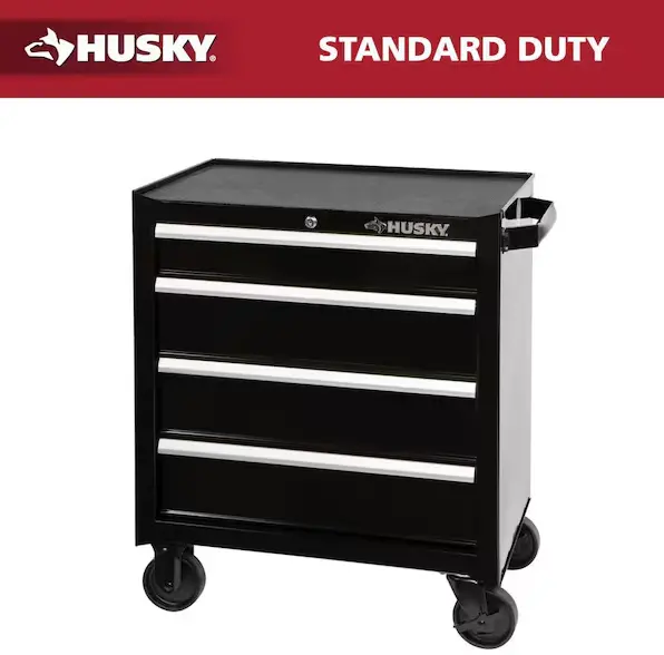 Husky 4-Drawer Rolling Tool Cabinet – 26.5"W × 18"D, Gloss Black Standard-Duty Storage 1