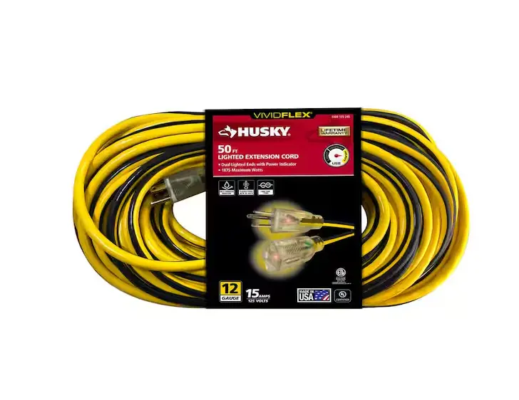 Husky Vividflex 50-Foot 12/3 Heavy-Duty Lighted-End Extension Cord – Yellow 1