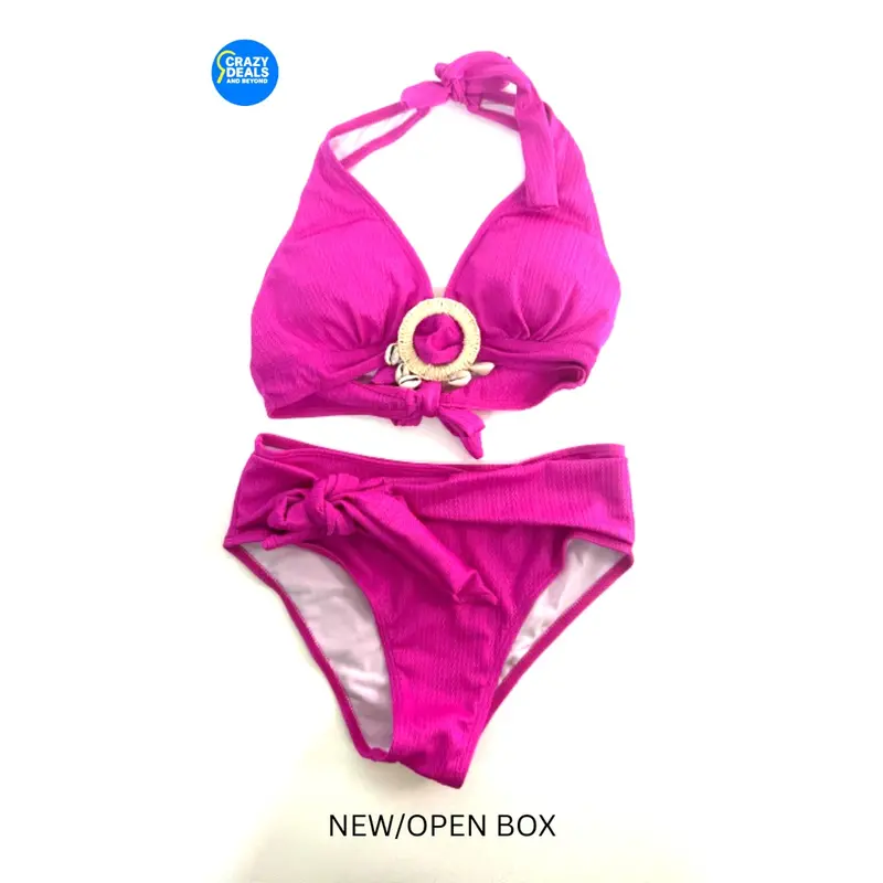 Inspire Chic Seashell O-Ring Ribbed Bikini Set – Halter Triangle Swimsuit In Rose 1