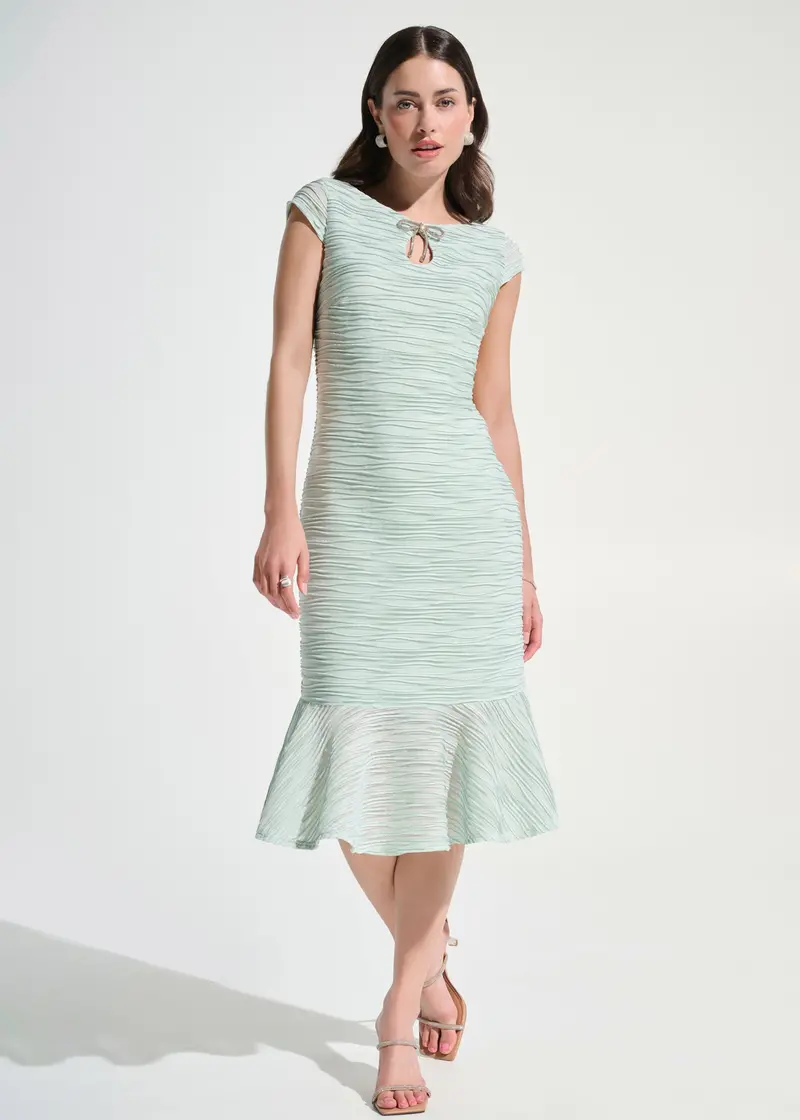 Joseph Ribkoff Lurex Cascade Flounce Dress With Rhinestone Bow Accent 1