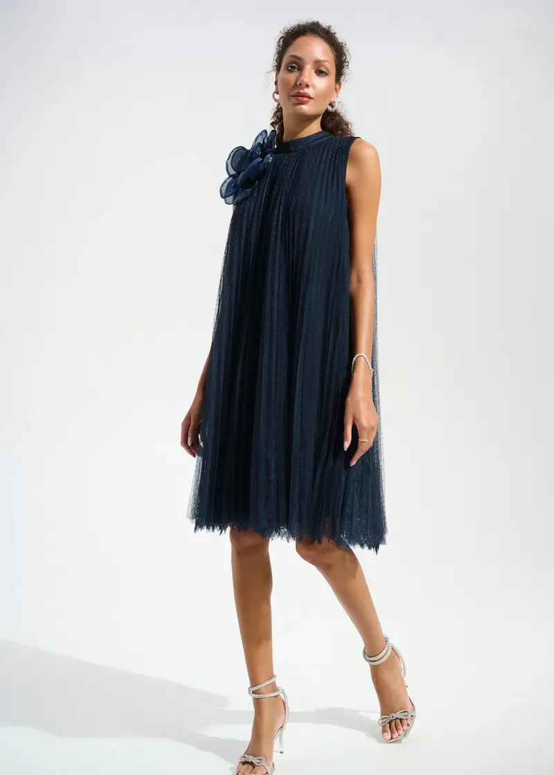 Joseph Ribkoff Mesh-And-Lace A-Line Dress With Organza Flower Embellishment 1
