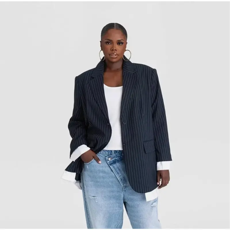 Kbb By Kahlana Navy-And-White Striped Shirt-Blazer – Two-Button Fit, Size 2X (Us 20–22) 1