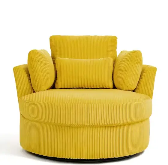 Mustard Yellow Corduroy Swivel Accent Barrel Chair With Pillows – 360° Rotation 1