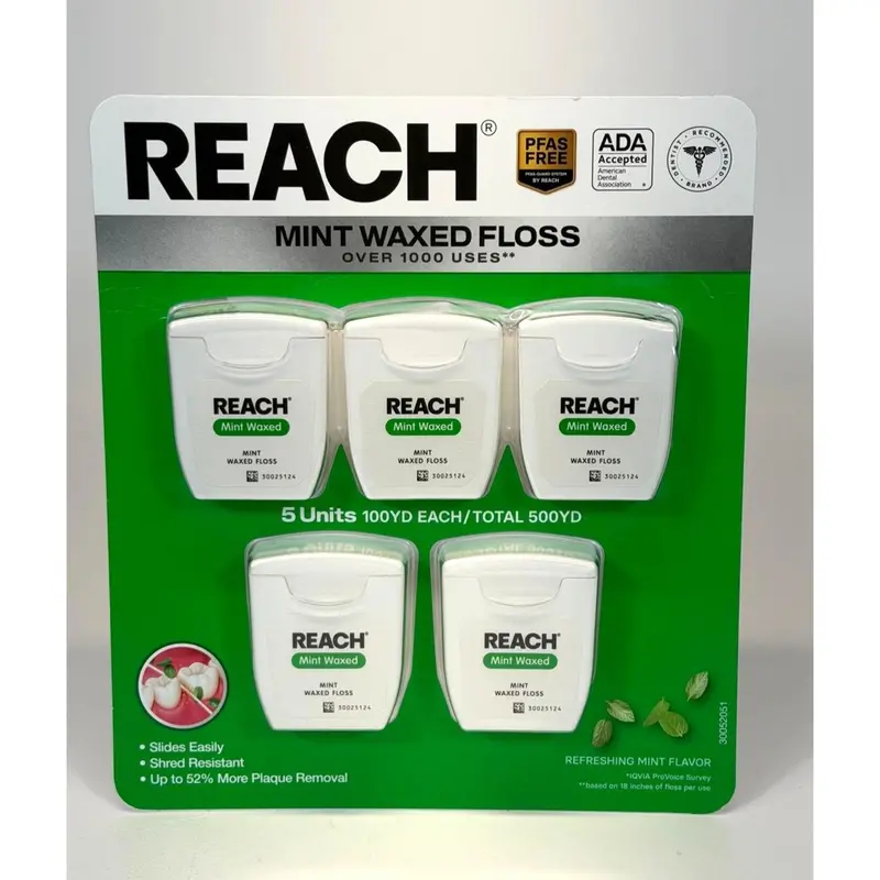 Reach Mint Waxed Dental Floss – 5-Pack, 100-Yard Rolls Per Box 1