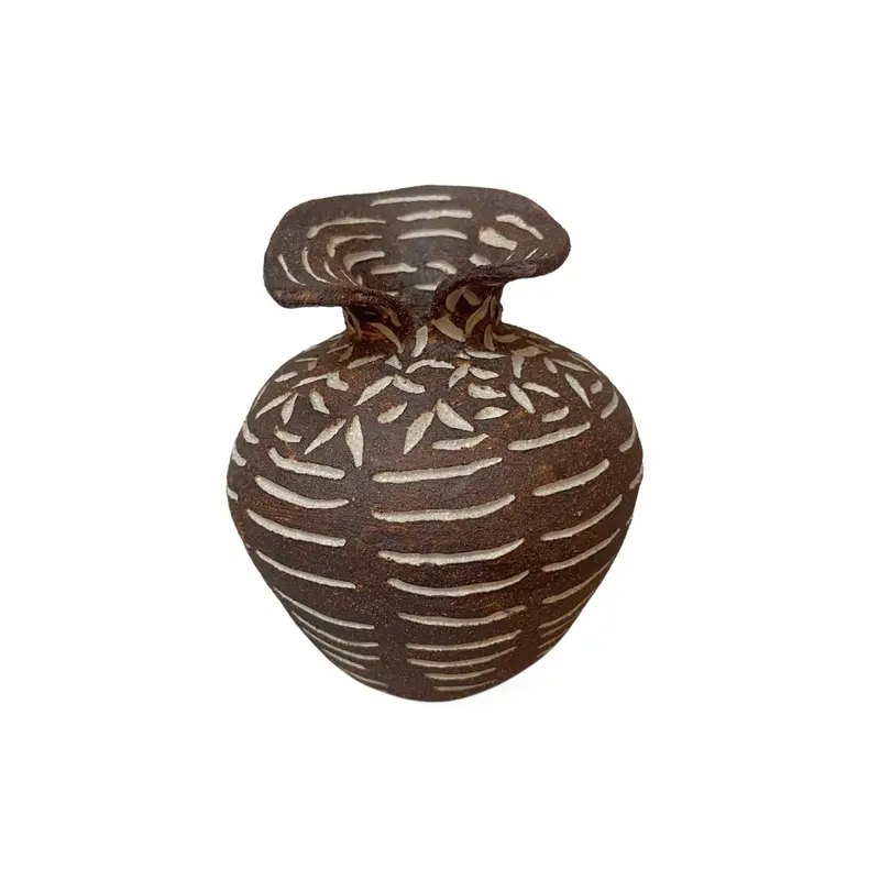 Split-Lip Decorative Sgraffito Vase By Sally Terrell 1