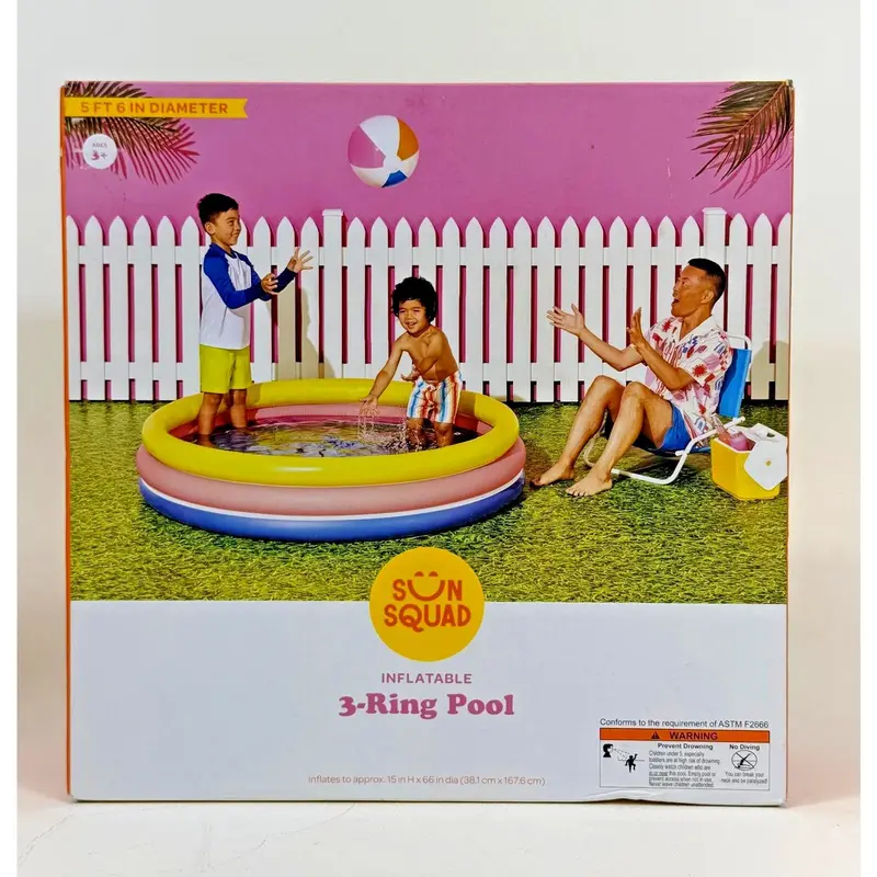 Sun Squad 105-Gallon Round Kiddie Pool – 10.63" X 4.13" X 15', 3-Ring Design In Yellow/Pink/Navy 1