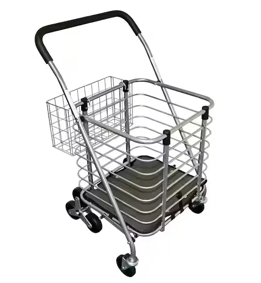 Three-Wheel Steel Shopping Cart With Accessory Basket – Silver Finish 1