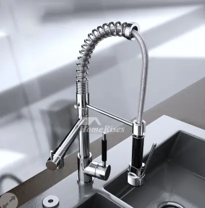 Two-Handle Pull-Out Kitchen Faucet With Coiled Spray – Silver Brass Finish 1