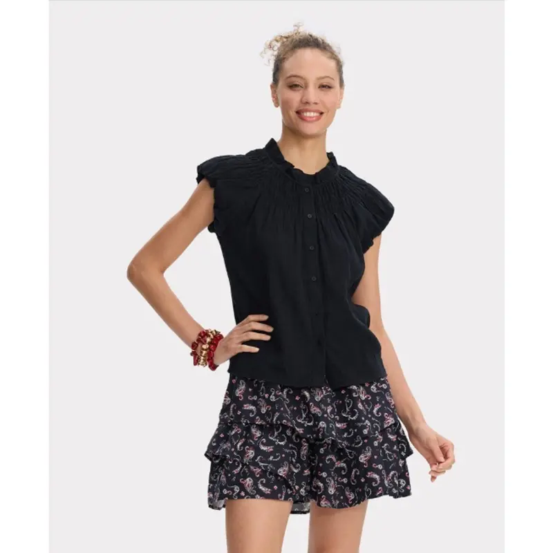 Universal Thread Women'S Smocked Puff-Sleeve Button-Front Blouse – Black, Size S 1
