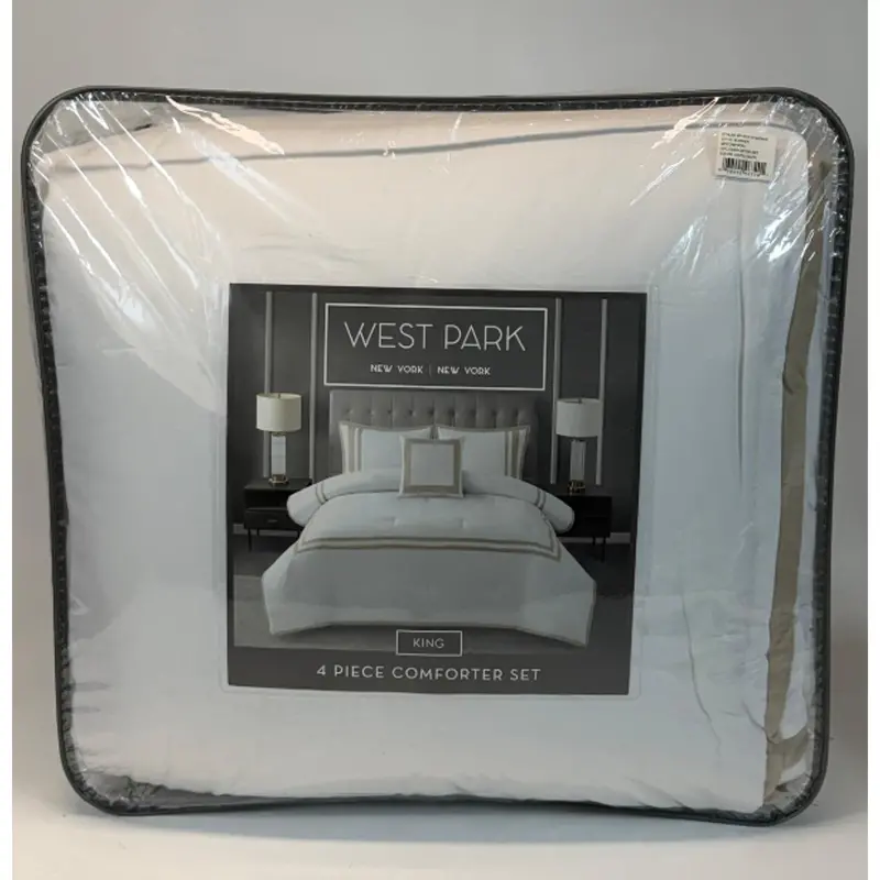 West Park Comforter Set – King, 4-Piece White And Taupe Border Design 1